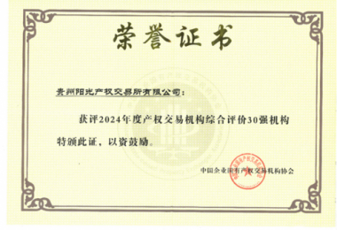 喜訊！貴州陽光產(chǎn)權(quán)交易所獲得2024年度全國產(chǎn)權(quán)交易機(jī)構(gòu)2項(xiàng)30強(qiáng)榮譽(yù)